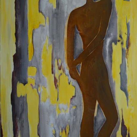 Stehend (2012) Acryl auf Leinwand + Rost + Ölkreide 80x120